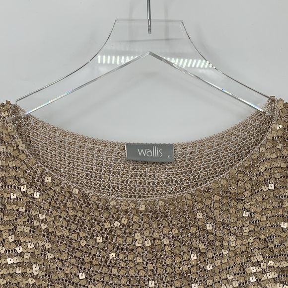 Wallis sequin crochet sweater gold metallic square short sleeve top shirt Small - Picture 2 of 4